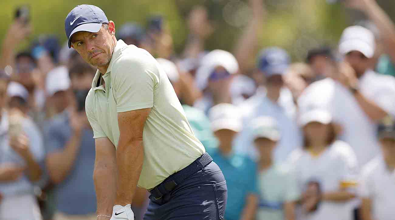 Rory McIlroy prepares for a shot on the 9th tee during the final round of the 2024 Players Championship at TPC Sawgrass  in Ponte Vedra Beach, Fla.